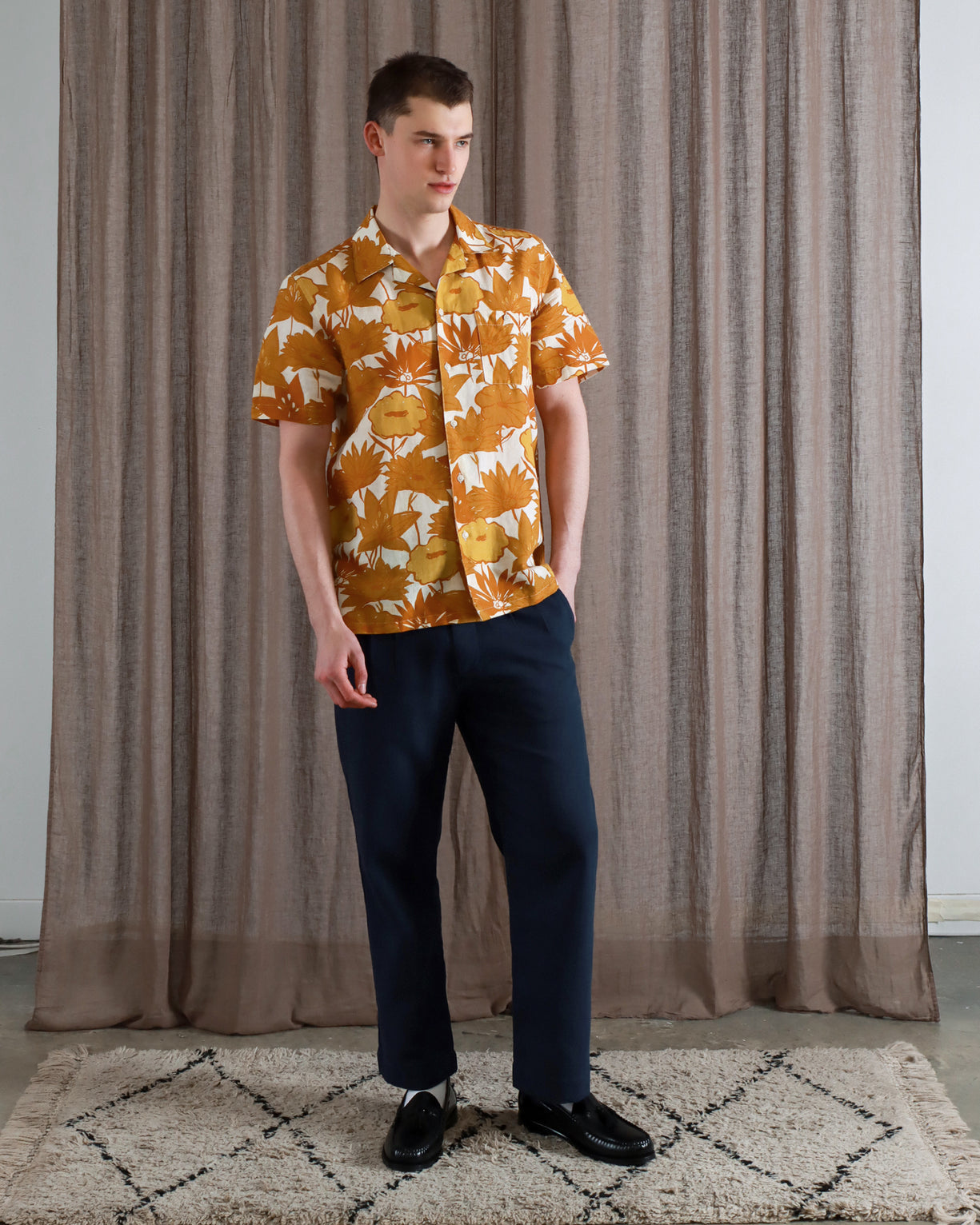 Far Afield Shirt S/S Selleck Flower Collage Honey Gold-Men's Shirts-Howard-Surrey-Canada