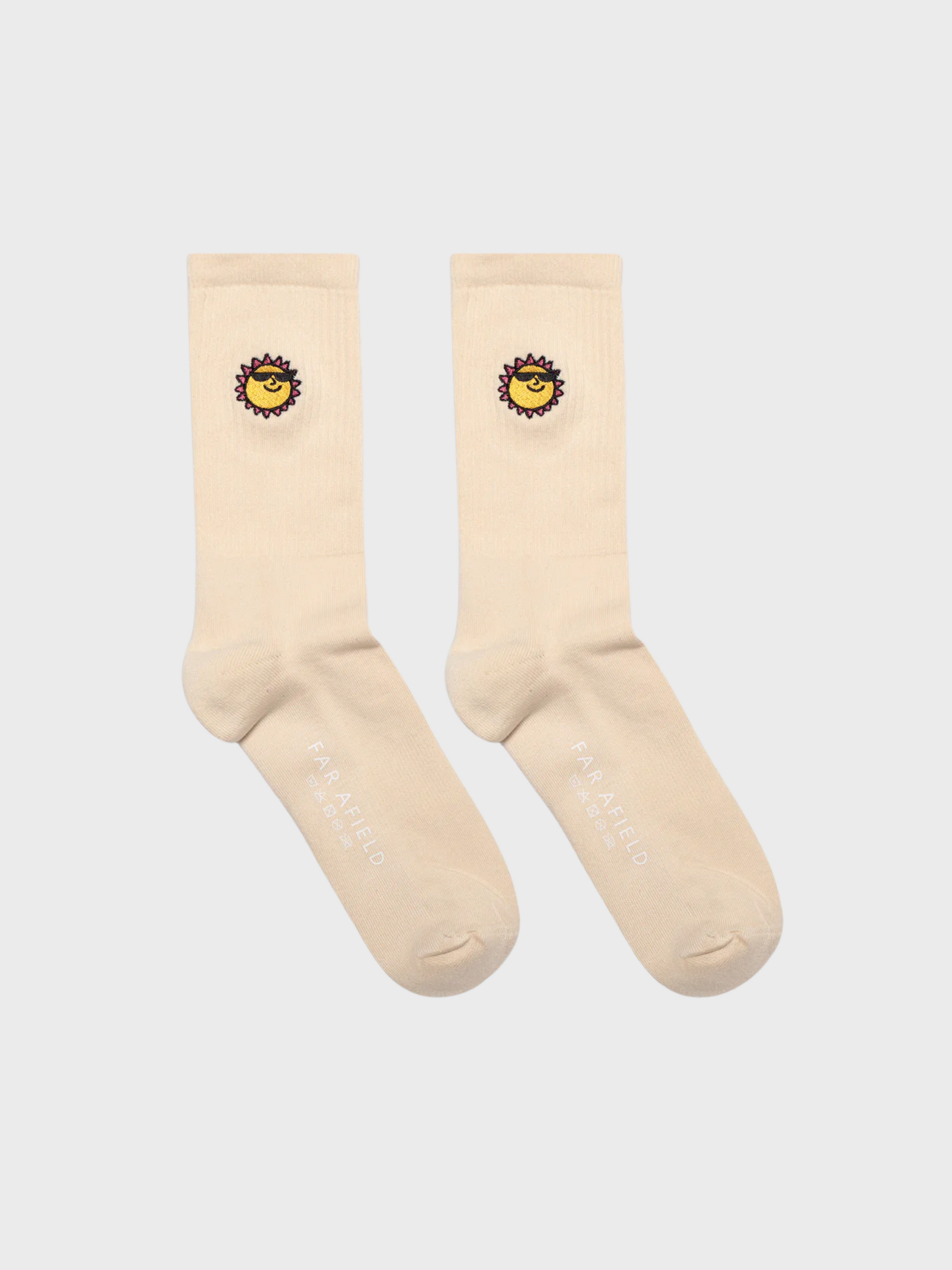 Far Afield Socks Embroidered - Off White Sunny Motif-Men's Accessories-Brooklyn-Vancouver-Yaletown-Canada