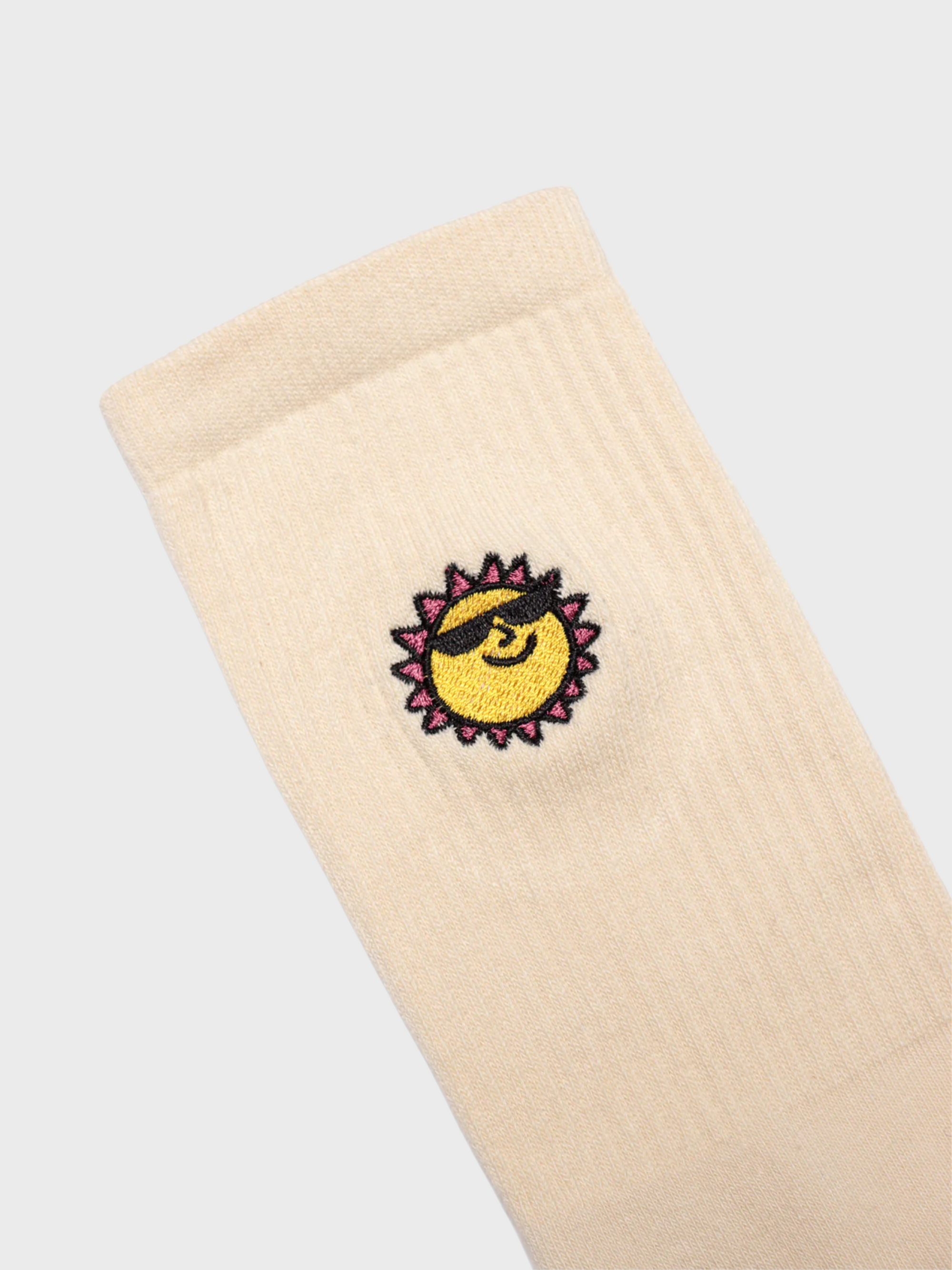 Far Afield Socks Embroidered - Off White Sunny Motif-Men's Accessories-Brooklyn-Vancouver-Yaletown-Canada