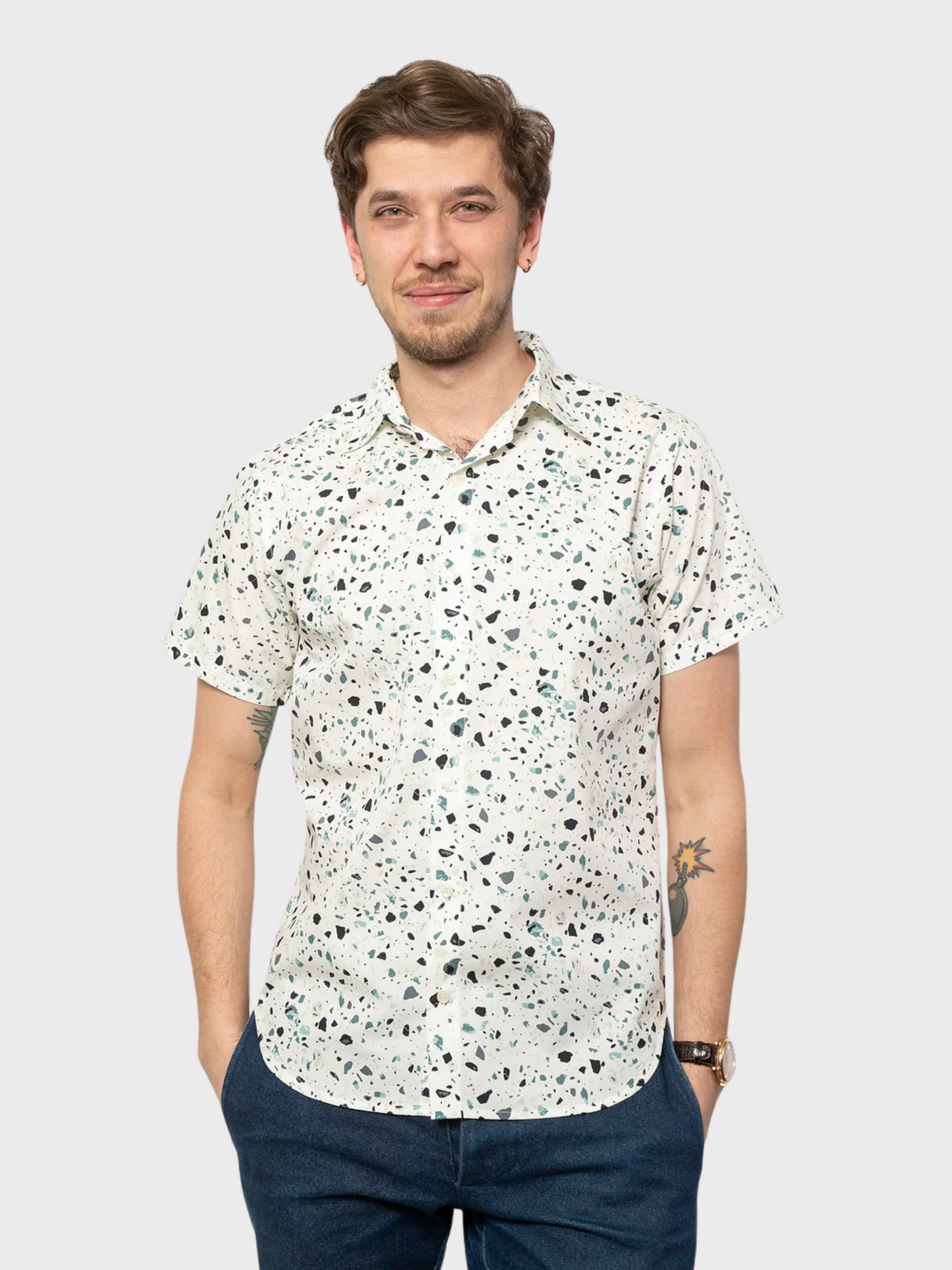 18Waits Short Sleeve Dylan Shirt Teal Terrazo-Men's Shirts-Brooklyn-Vancouver-Yaletown-Canada